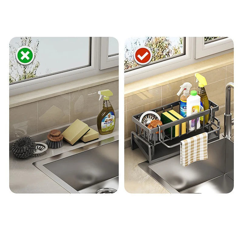 Kitchen Sink Drain Rack Organizer – ABS Plastic Self-Draining Shelf for Soap, Sponge, Dishcloth and Towel Storage