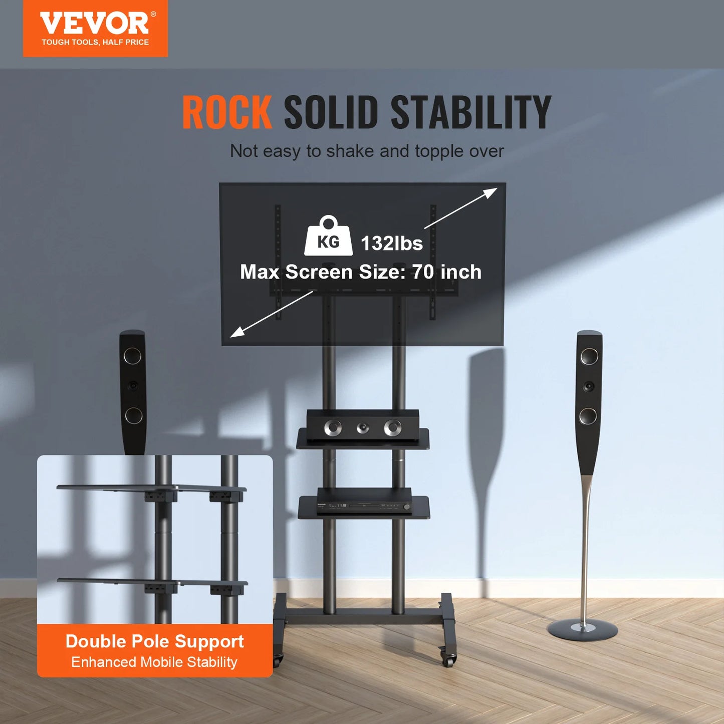 SucceBuy Height Adjustable Mobile TV Stand – Rolling Cart with Double Tray for Audio-Visual Devices