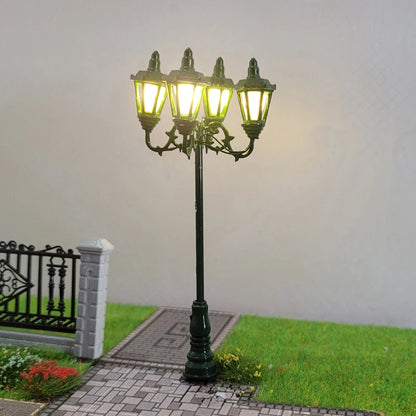 HO Scale Model Lamps – 4-Head 3V Cold White Street & Park Lampposts for Train Layouts & Miniature Gardens