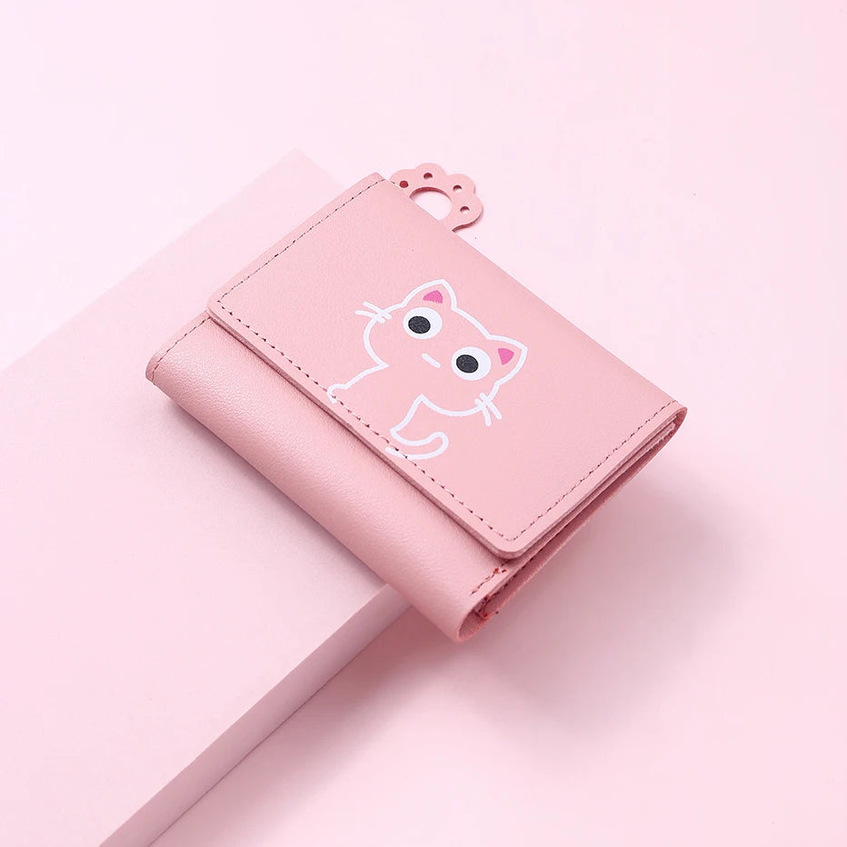 Women’s Cute Cat PU Leather Wallet — Small Short Card Holder Purse with Hasp, Fashion Money Bag for Girls & Gifts