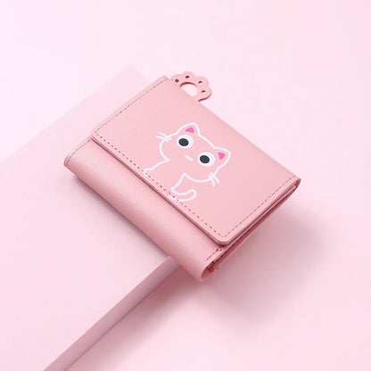 Women’s Cute Cat PU Leather Wallet — Small Short Card Holder Purse with Hasp, Fashion Money Bag for Girls & Gifts