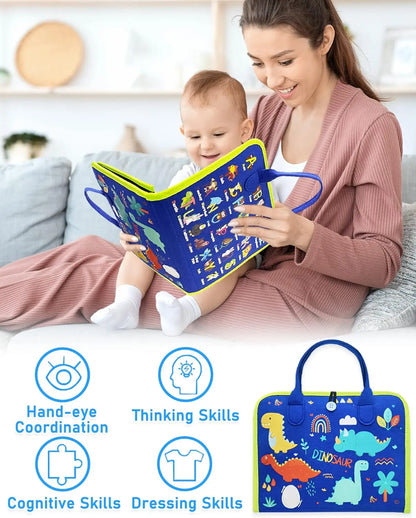 Toddler Montessori Busy Board – Dinosaur Dress-Up, Learning & Sensory Activities, Travel Toy & Life Skills Backpack