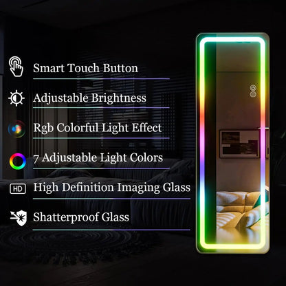 RGB Full-Length LED Mirror – 60"x16" Full Body Wall-Mounted Mirror with Dimming & 7 Color Changing Lights