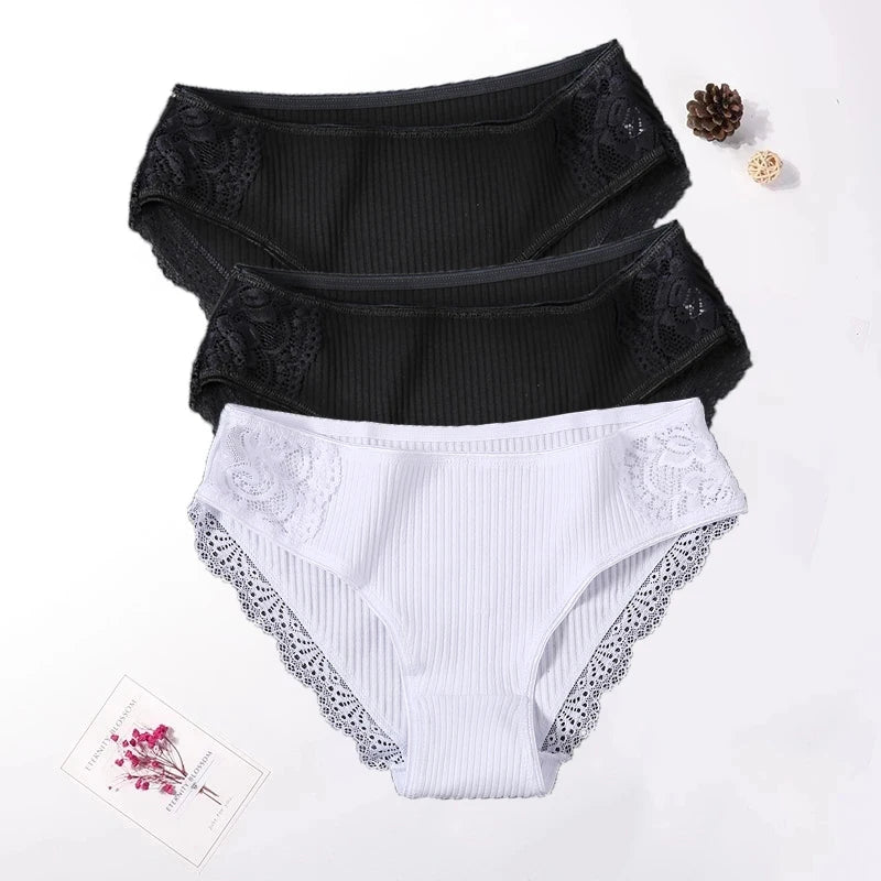 Floral Lace Cotton Women’s Panties - Comfortable Briefs, Solid Color Underwear, 3PCS/Set, Sizes M-XXL