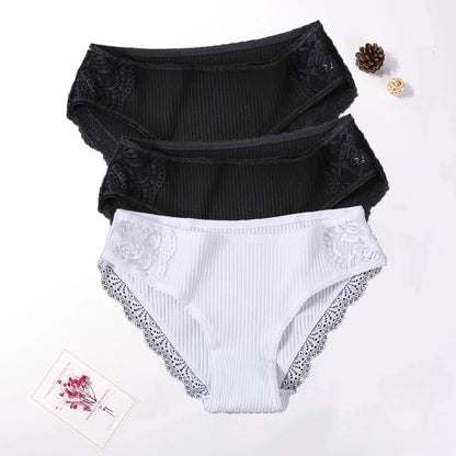 Floral Lace Cotton Women’s Panties - Comfortable Briefs, Solid Color Underwear, 3PCS/Set, Sizes M-XXL