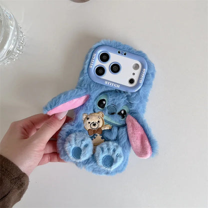 3D Cute Stitch Ear Plush Phone Case – Fluffy Shockproof Cover for iPhone 13–17 Pro Max & Plus