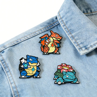 3-Piece Anime Monster Enamel Pin Set - Charizard, Blastoise, and Venusaur Brooch Badges for Backpacks, Lapels, Friends, and Collectors