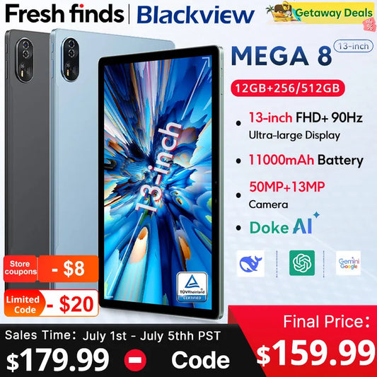 Blackview MEGA 8 Tablet – 13" FHD+ 90Hz Display, 11000mAh, Android 15, 50MP Camera, 4 Speakers, 4G Pad PC