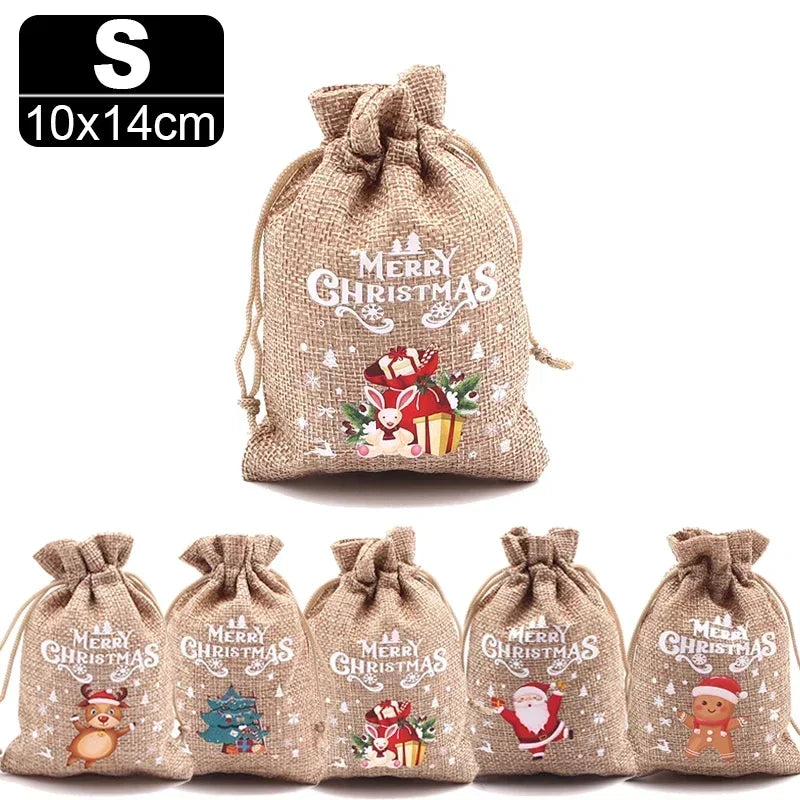 Christmas Linen Drawstring Bags – Cartoon Santa & Snowman Candy Gift Pouches for Xmas Party Packaging