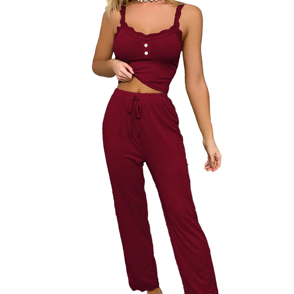 Women's Two-Piece Pajamas Set – Sexy Slim Fit Solid Color Lace-Trimmed Suspender Top and Soft Comfortable Pants