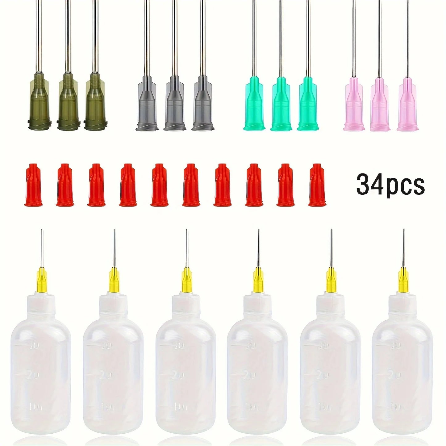 34pcs Glue Applicator Bottles Set – 30ml Plastic Squeezable Dropper with Blunt Needle Tips (14ga, 16ga, 18ga, 20ga)