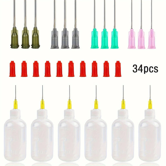 34pcs Glue Applicator Bottles Set – 30ml Plastic Squeezable Dropper with Blunt Needle Tips (14ga, 16ga, 18ga, 20ga)