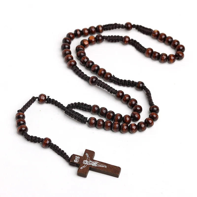 8mm Wooden Rosary Beads Necklace – Catholic Orthodox Cross Pendant, Woven Rope Prayer Chain for Men, Spiritual Gift (Black/Brown/Khaki)