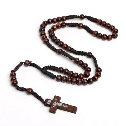 8mm Wooden Rosary Beads Necklace – Catholic Orthodox Cross Pendant, Woven Rope Prayer Chain for Men, Spiritual Gift (Black/Brown/Khaki)