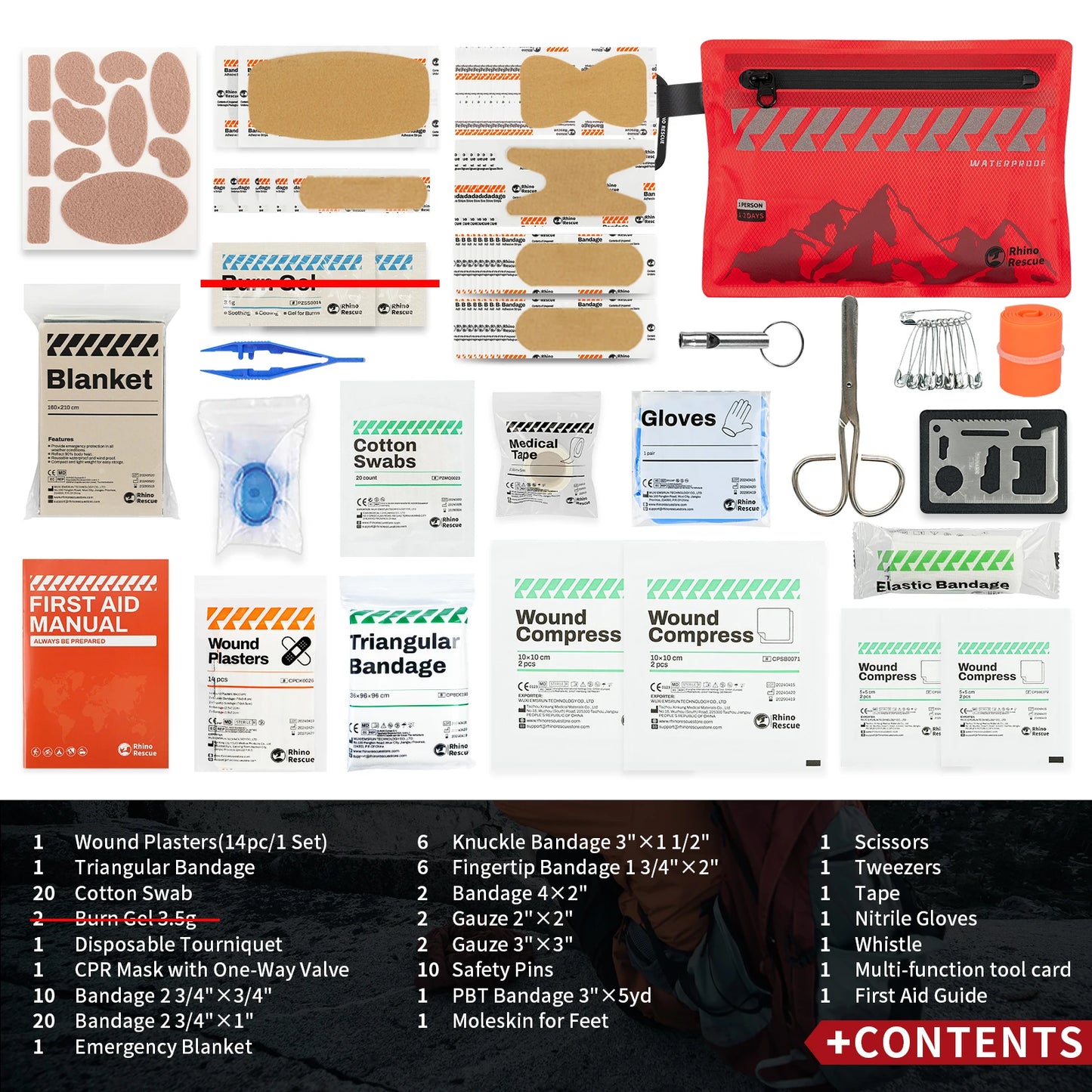 Rhino Rescue Small First Aid Kit - Ultralight Waterproof Medical Kit for Hiking, Backpacking, Cycling & Travel