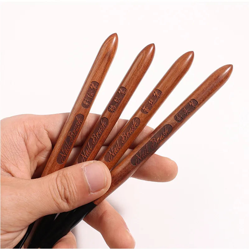Sandalwood Handle Nail Art Brush Set – Gradient Blooming UV Gel Liner & Flower Drawing Tools for Stripes & Nail Painting