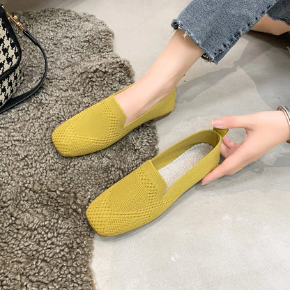 Solid Color Square Toe Mesh Loafers – Women’s Casual Slip-On Ballet Flats, Soft Bottom Knit Boat Shoes