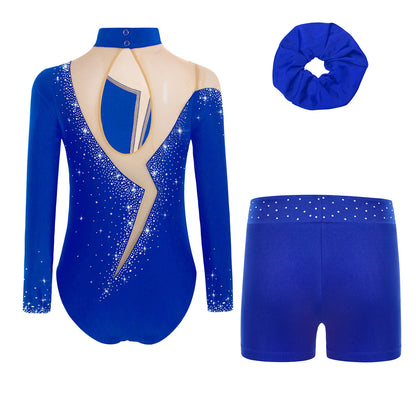 Kids Girls Long-Sleeve Ballet Leotard with Body Shorts & Hair Band — Gymnastics Dance Bodysuit