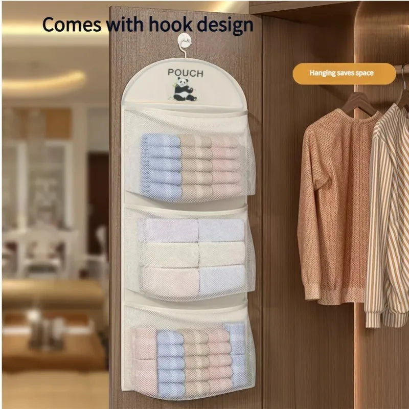 3-Tier Hanging Underwear & Socks Organizer - Wall-Mounted Mesh Storage Bag with Visible Pockets