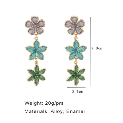Long Flower Enamel Drop Earrings - Colorful Metal Petal Dangle Party Jewelry for Women