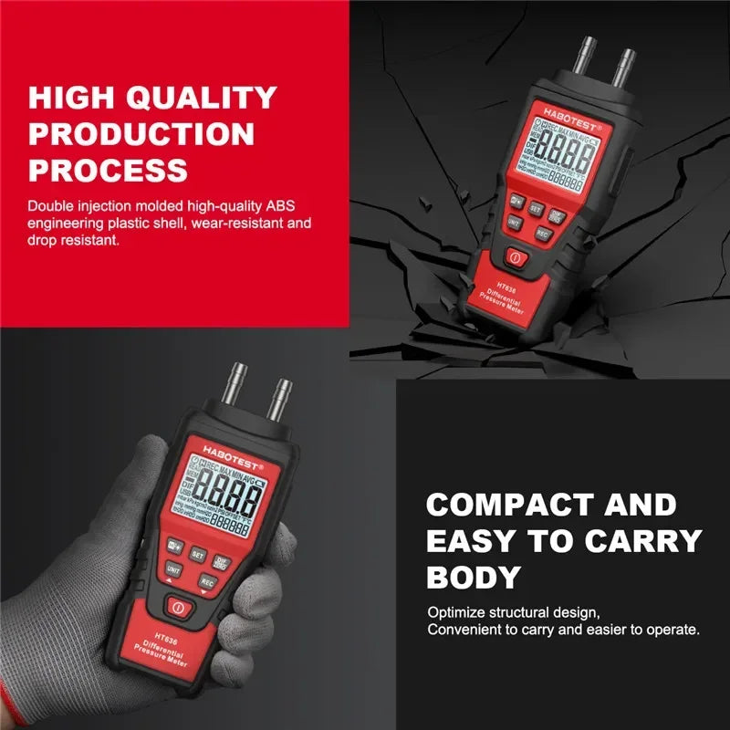 HT636 Digital Manometer - Handheld Differential Air Pressure Gauge with 12 Measurement Units for HVAC Testing