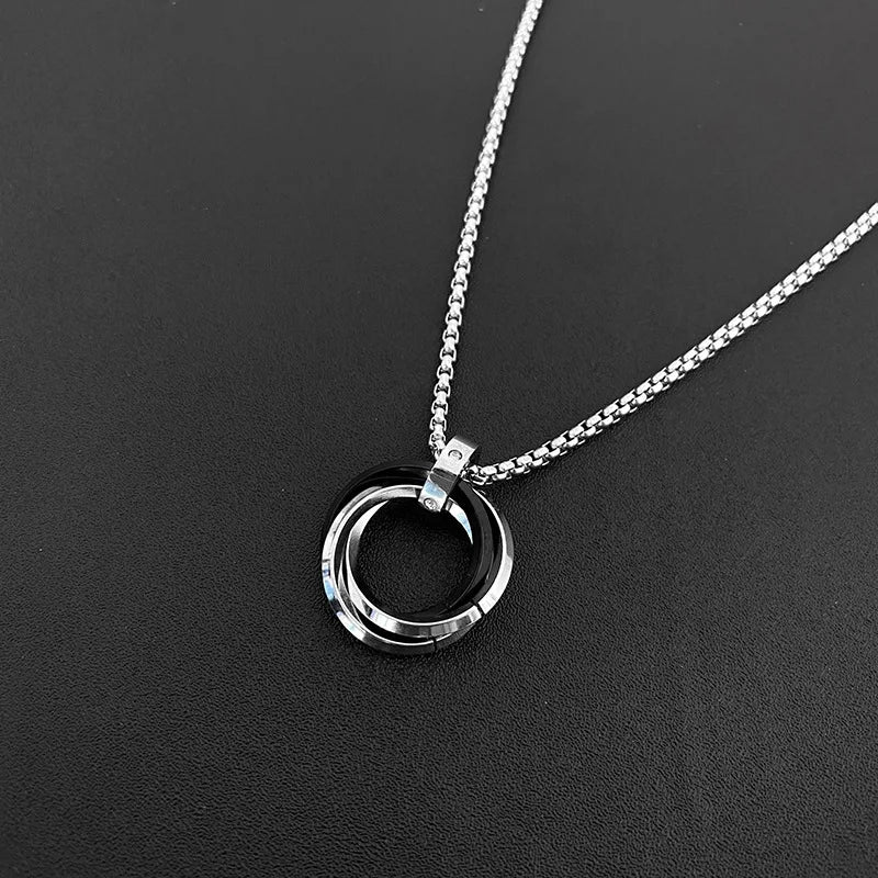 Men’s Hip Hop Three Ring Necklace – Titanium Steel Red Pendant, Fade Resistant Statement Jewelry