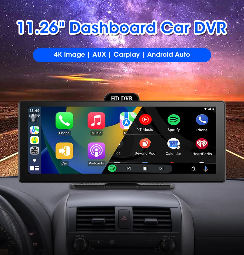 11.26-Inch 4K Dash Cam – Wireless CarPlay & Android Auto, Dual Lens DVR, Bluetooth Audio, GPS Navigation Video Recorder