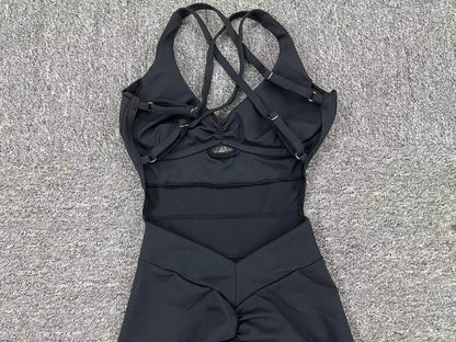 Women’s Black Sporty Jumpsuit – 2025 Workout Yoga Gym Set with Push-Up Fitness Overalls
