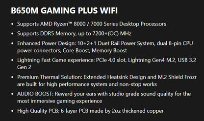 MSI B650M GAMING PLUS WIFI Motherboard - AMD B650, Supports DDR5 7200+MHz (OC), Ryzen 7000/8000 Series, AM5 Socket