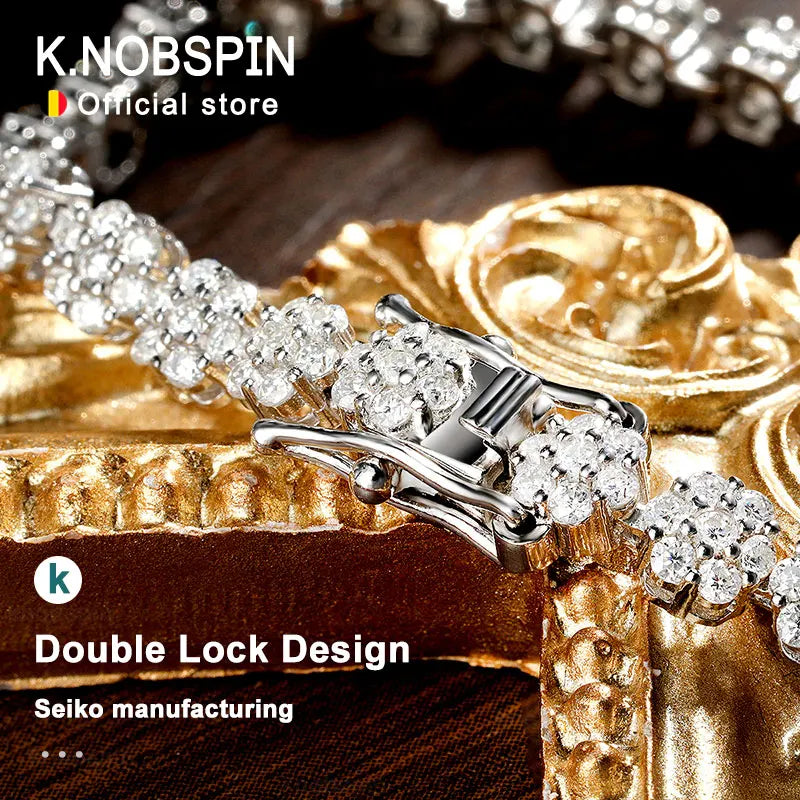 KNOBSPIN D VVS1 Moissanite Tennis Bracelet – Full Diamond, GRA Certified, 925 Sterling Silver White Gold Flower Bracelet for Men & Women