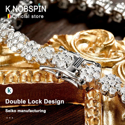 KNOBSPIN D VVS1 Moissanite Tennis Bracelet – Full Diamond, GRA Certified, 925 Sterling Silver White Gold Flower Bracelet for Men & Women