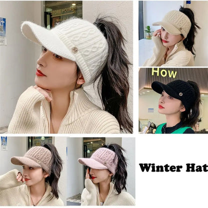 Women's Knitted Ponytail Hat – Warm Winter Rabbit Fur Baseball Cap for Outdoor Sports & Golf