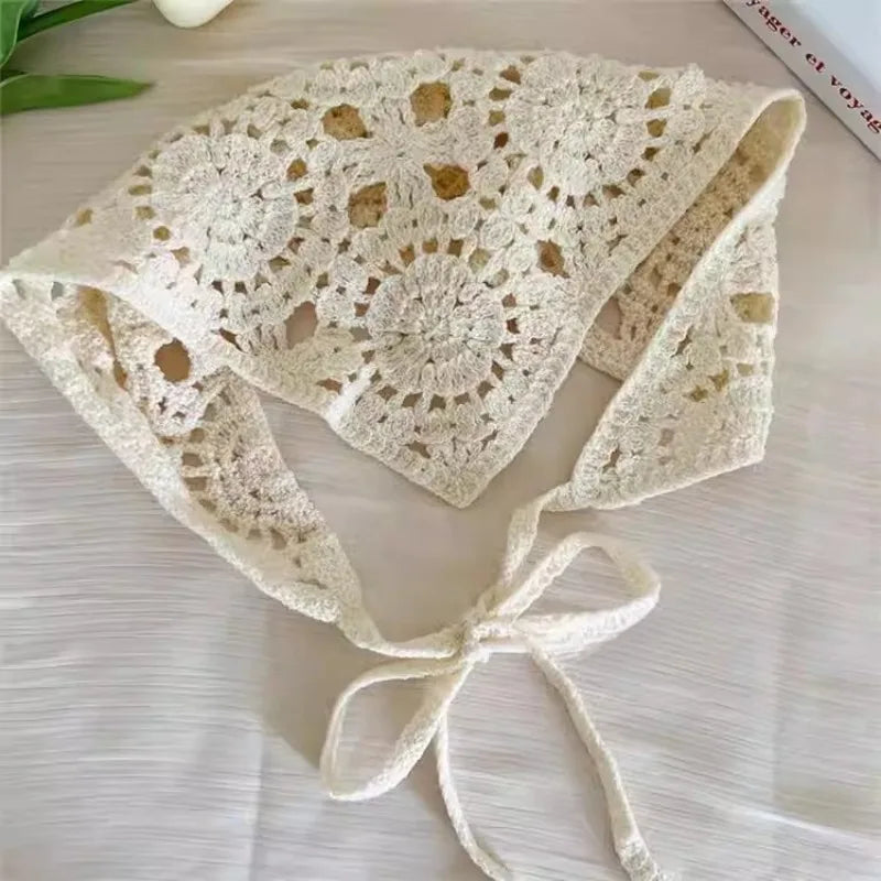 Women’s Beige Crochet Hair Scarf - Sheer Mesh Triangle Bandana Retro Headwrap & Neck Accessory