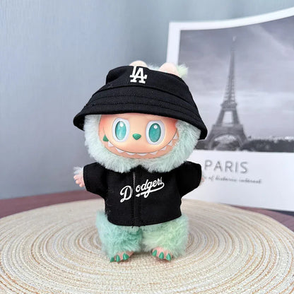Labubu 15-17cm Doll Sports Outfit – LA Baseball & Trendy Tennis/Badminton Clothing, T-Shirt & Cargo Pants Set