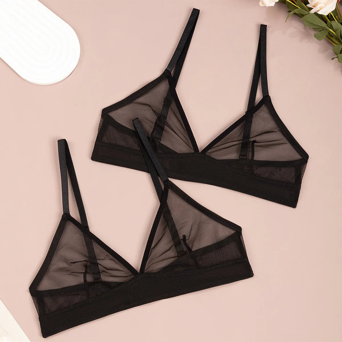 Sheer Mesh Triangle Bra Set - Ultra-Thin Transparent Lingerie with Double Shoulder Straps