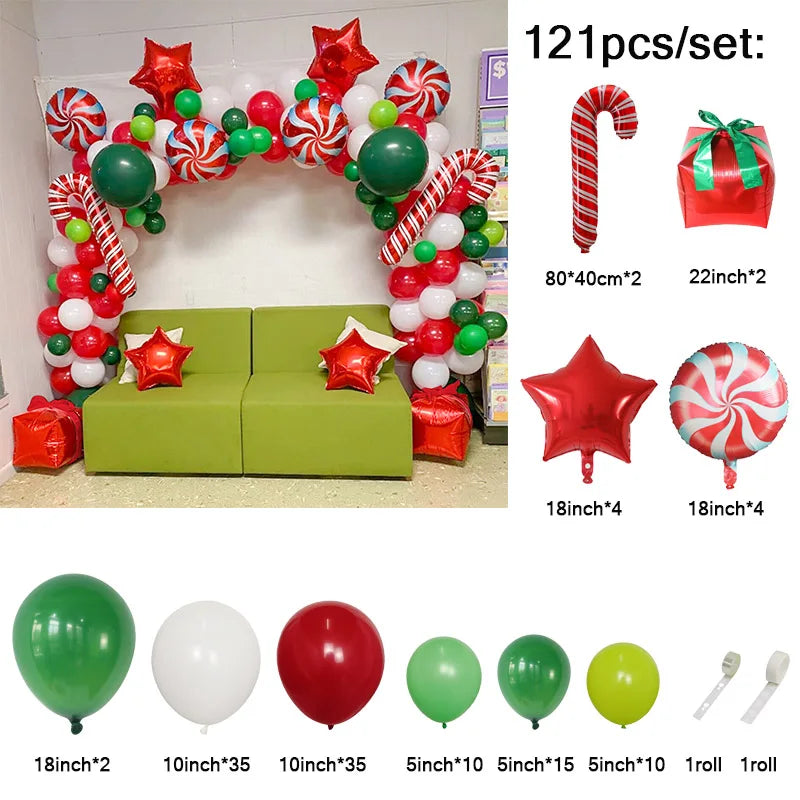 Christmas Balloon Garland Arch – Red & Green Balloons, Star, Santa, and Gift Box Foil Balloons for Xmas and New Year Decoration
