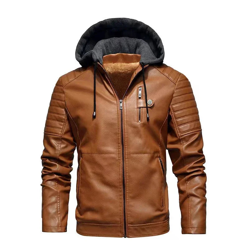 Fashion Men’s Hooded Faux Leather Jacket – Military Style Motorcycle Outwear with Zipper Pockets, Autumn Winter Coat