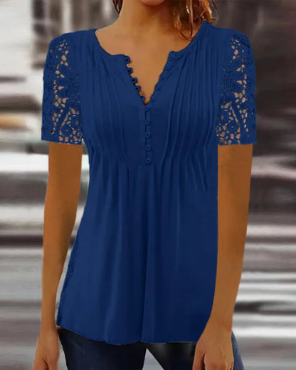 Women’s Summer Floral Lace V-Neck Blouse – Loose Fit Short Sleeve Casual Elegant Printed Fashion Shirt for Spring & Summer Wear