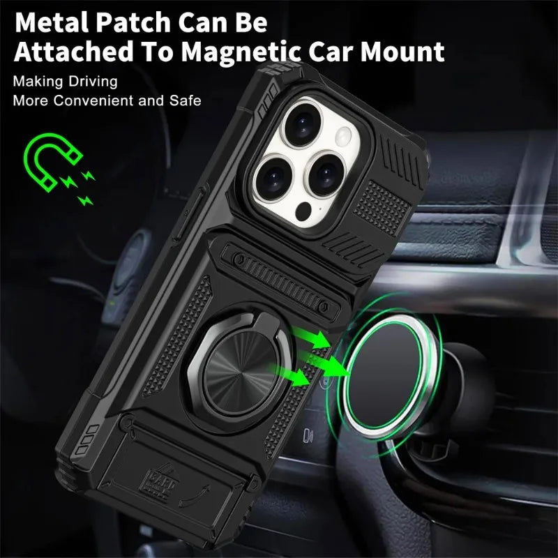 Magnetic Ring Kickstand iPhone Case – Heavy Duty Drop Protection Wallet Cover for iPhone 16/15/14/13/12/11 Pro Max, XS, XR, 8 & 7 Plus