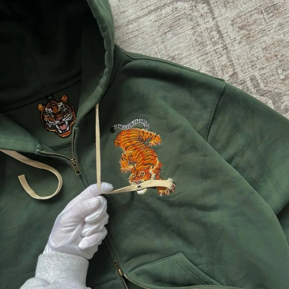 Y2K Tiger Embroidered Hoodie - Oversized Unisex Zip Up Sweatshirt with Kangaroo Pocket