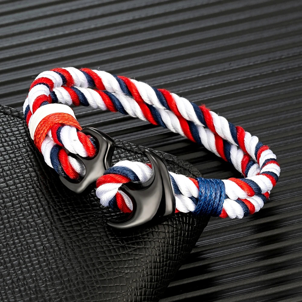 MKENDN Anchor Bracelet – Double Strand Nautical Waterproof Rope with Black Stainless Steel Sport Buckle for Men & Women