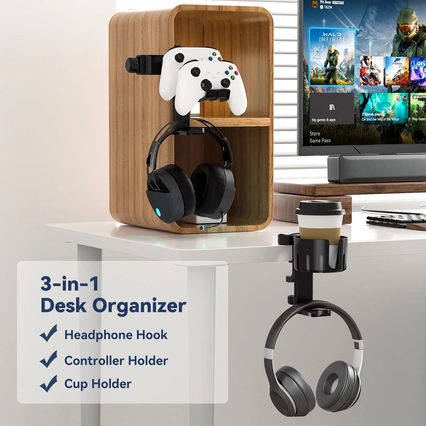 3-in-1 Rotatable Headphone Holder - Under Desk Clamp with Replaceable Cup Holder, Universal Controller and Headset Stand