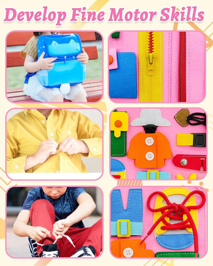 Toddler Montessori Busy Board – Dinosaur Dress-Up, Learning & Sensory Activities, Travel Toy & Life Skills Backpack