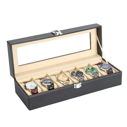 PU Leather Watch Display Box — Glass Top Storage Organizer with Slots for Men’s Watches, Perfect Gift