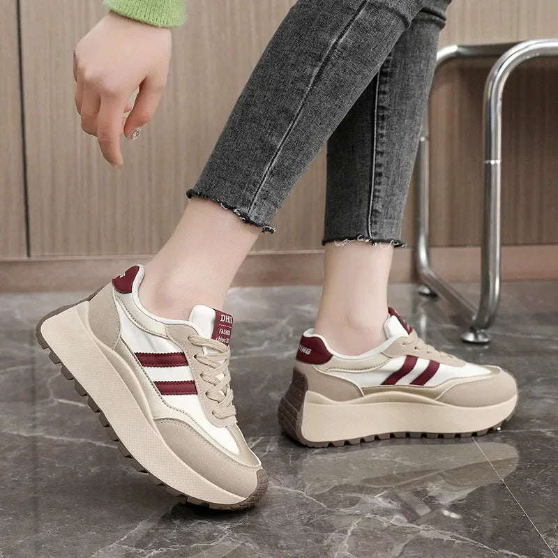 Spring Thick Bottom Women's Shoes – 2024 Summer Casual Patchwork Leather Sneakers, Vulcanized Casual Shoes for Ladies (Chaussure Femme)