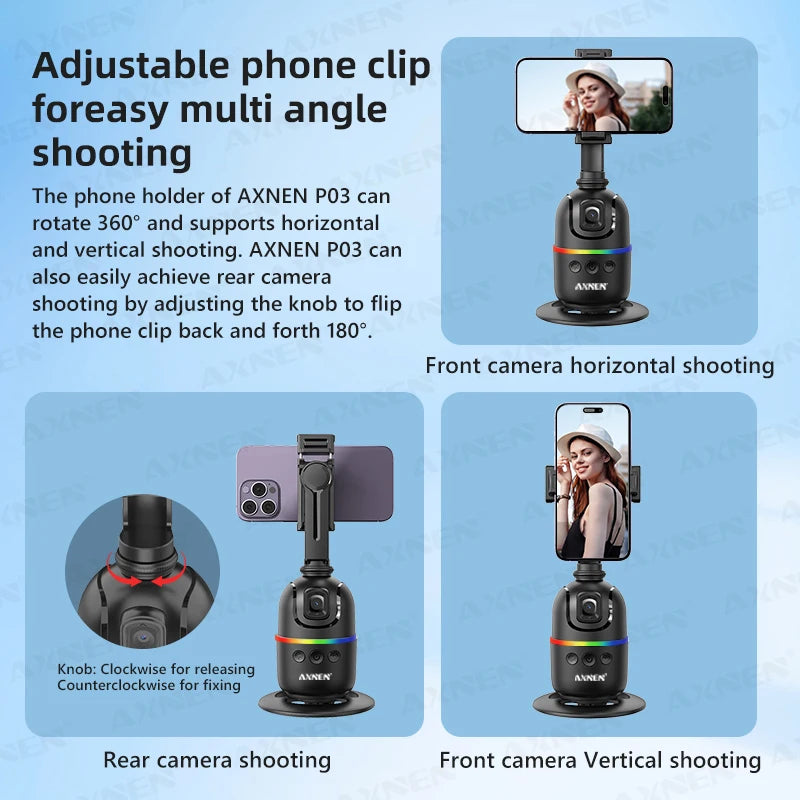 Smart Auto Face Tracking AI Gimbal – 360° Desktop Vlog Stabilizer for Smartphone & Action Camera (Tripod Optional)