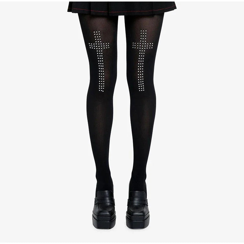 Retro Cross Print Stockings - Y2K Women's Stretch Hip-Hop Streetwear Socks for Casual & Cosplay Looks
