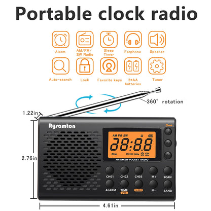 Rysamton Portable AM/FM Shortwave Radio with Big Digital Display, Sleep Timer & Alarm Clock, Battery Operated