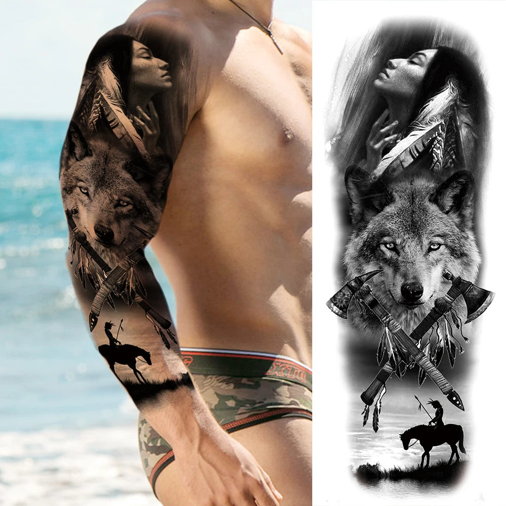 Full Arm Temporary Tattoo Sleeve - Realistic Warrior Lion Tiger Flower & Maori Design Fake Tattoos