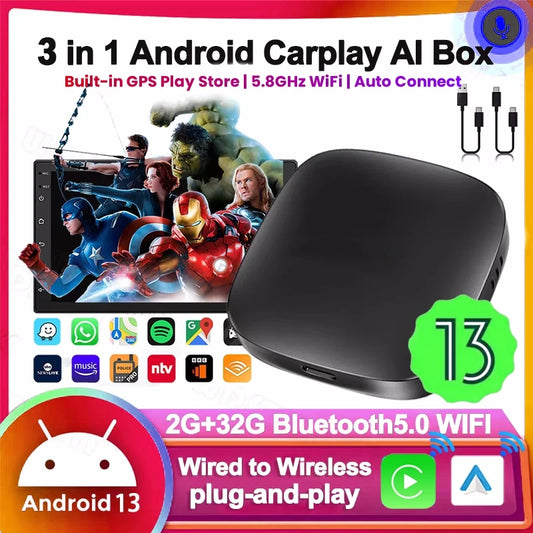 Android 13 AI Box – Wired to Wireless CarPlay and Android Auto Adapter with WiFi, YouTube and Netflix, Smart AI Box with Built-in Play Store